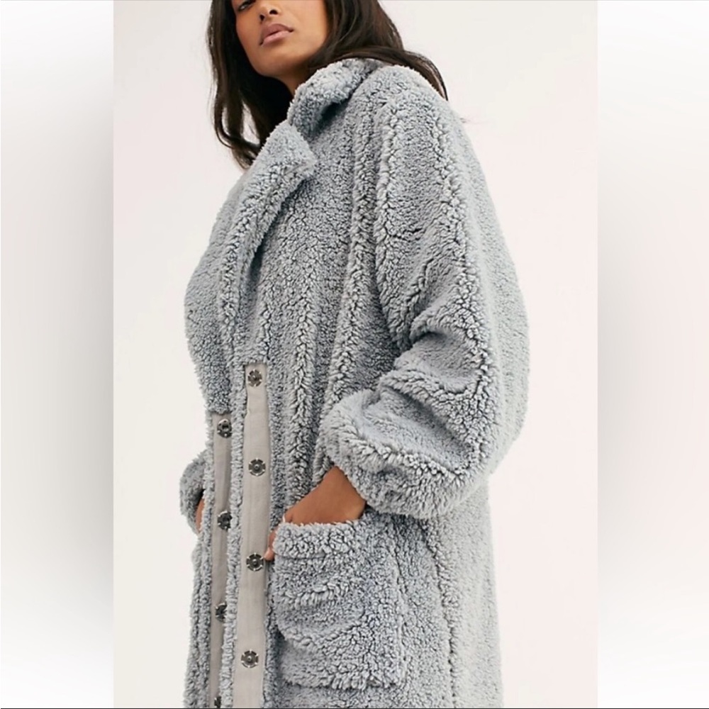 Free People Blue Tessa Teddy Longline Faux Sherpa Fur Trench Coat - Picture 2 of 13
